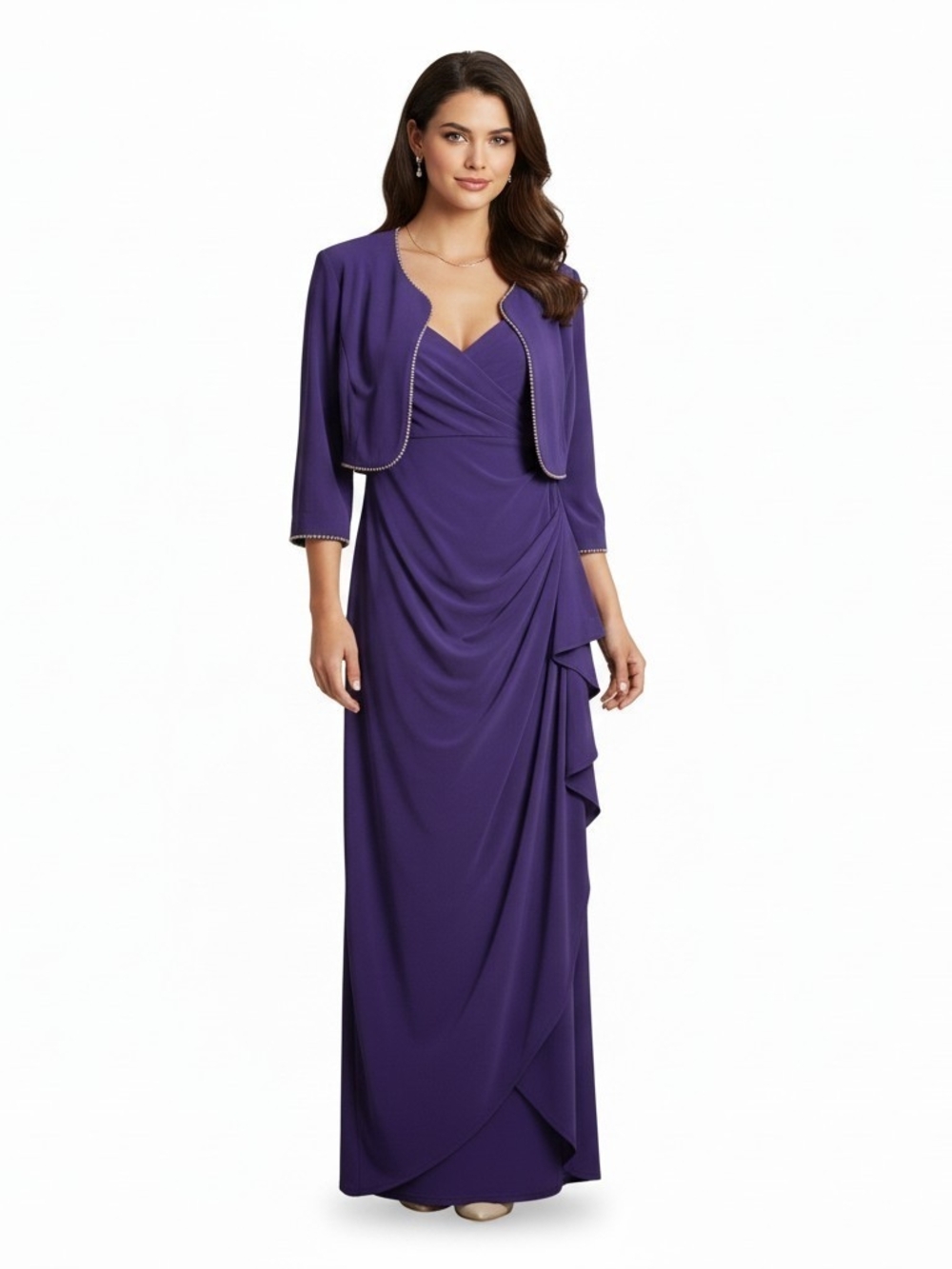 Alex Evenings Purple Ruched Maxi Dress & Rhinestone Bolero Jacket Set Size 12P